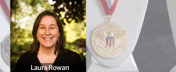 graphic with two headshot photos, medals, in diagonal corners