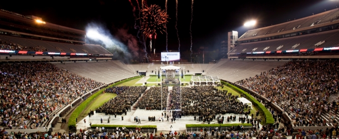 photo of stadium with fireworks at commencement