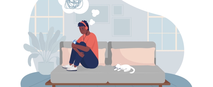 graphic illustration with person on couch with headphones, cat